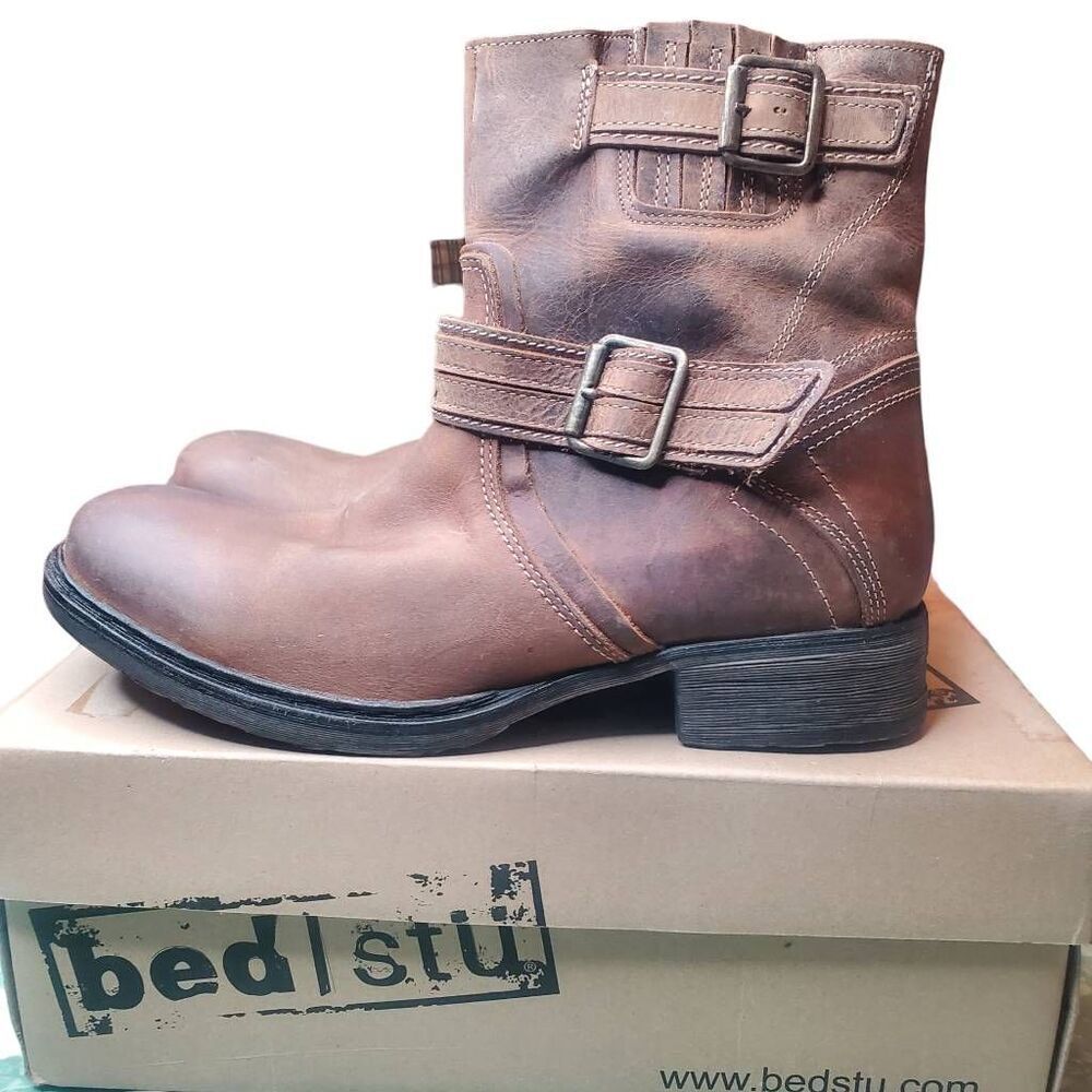 Bed Stu Wren Boots M 8, W 9.5 Tan 10 Year Wash Leather Buckle Moto Ankle